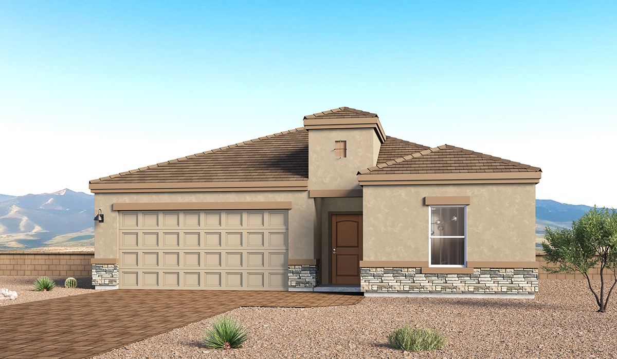 Introducing the York — a thoughtfully designed new floor plan at Solterra by D.R. Horton in Green Valley. Offering 1,863 square feet of well-planned living space, the York is ideal for those seeking a home that balances comfort, flexibility, and modern design.  Step inside through the welcoming entryway and experience an open-concept layout that maximizes every square foot. The expansive great room serves as the heart of the home, flowing seamlessly into the dining area and kitchen, perfect for both everyday living and entertaining. The kitchen features a spacious center island, quartz countertops, Shaker-style cabinetry, and a dedicated pantry, delivering a clean, modern aesthetic with ample storage for all your culinary essentials.  The York is available in two- and three-bedroom configurations, offering flexibility to meet a variety of lifestyle needs. The primary suite is thoughtfully located at the rear of the home for added privacy and includes a linen closet, walk-in closet, and a well-appointed ensuite bathroom. Near the front of the home is a powder room, guest bedroom with walk-in closet and ensuite bathroom, and study that creates a functional layout for guests, work-from-home needs, or additional living space.  Designed with both comfort and practicality in mind, the York includes a utility room conveniently located near the kitchen and garage, providing easy access to the laundry area and additional storage. A covered back patio extends the living space outdoors—ideal for relaxing and enjoying Green Valley’s beautiful year-round weather.  Homes at Solterra feature elegant, modern interiors paired with distinctive exterior details, including sand finish texture stucco, landscaped front yards with auto drip irrigation, and fully fenced backyards. Covered back patios offer inviting spaces to unwind and take in Green Valley’s breathtaking sunsets. Inside, D.R. Horton’s Home is Connected® Smart Home package enhances everyday living with a smart thermostat, video doorbell, keyless entry, and a Wi-Fi–enabled garage door opener.  Outdoor enthusiasts will appreciate the close proximity to scenic neighborhood parks, Colossal Cave Mountain Park, and an extensive network of walking and biking trails throughout Green Valley—making the York a perfect blend of comfort, style, and lifestyle-driven design.  *Images shown are for reference only. They depict the York model home and may not represent the actual home.