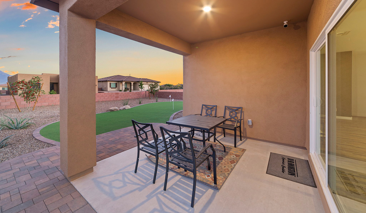 Introducing the York — a thoughtfully designed new floor plan at Solterra by D.R. Horton in Green Valley. Offering 1,863 square feet of well-planned living space, the York is ideal for those seeking a home that balances comfort, flexibility, and modern design.  Step inside through the welcoming entryway and experience an open-concept layout that maximizes every square foot. The expansive great room serves as the heart of the home, flowing seamlessly into the dining area and kitchen, perfect for both everyday living and entertaining. The kitchen features a spacious center island, quartz countertops, Shaker-style cabinetry, and a dedicated pantry, delivering a clean, modern aesthetic with ample storage for all your culinary essentials.  The York is available in two- and three-bedroom configurations, offering flexibility to meet a variety of lifestyle needs. The primary suite is thoughtfully located at the rear of the home for added privacy and includes a linen closet, walk-in closet, and a well-appointed ensuite bathroom. Near the front of the home is a powder room, guest bedroom with walk-in closet and ensuite bathroom, and study that creates a functional layout for guests, work-from-home needs, or additional living space.  Designed with both comfort and practicality in mind, the York includes a utility room conveniently located near the kitchen and garage, providing easy access to the laundry area and additional storage. A covered back patio extends the living space outdoors—ideal for relaxing and enjoying Green Valley’s beautiful year-round weather.  Homes at Solterra feature elegant, modern interiors paired with distinctive exterior details, including sand finish texture stucco, landscaped front yards with auto drip irrigation, and fully fenced backyards. Covered back patios offer inviting spaces to unwind and take in Green Valley’s breathtaking sunsets. Inside, D.R. Horton’s Home is Connected® Smart Home package enhances everyday living with a smart thermostat, video doorbell, keyless entry, and a Wi-Fi–enabled garage door opener.  Outdoor enthusiasts will appreciate the close proximity to scenic neighborhood parks, Colossal Cave Mountain Park, and an extensive network of walking and biking trails throughout Green Valley—making the York a perfect blend of comfort, style, and lifestyle-driven design.  *Images shown are for reference only. They depict the York model home and may not represent the actual home.