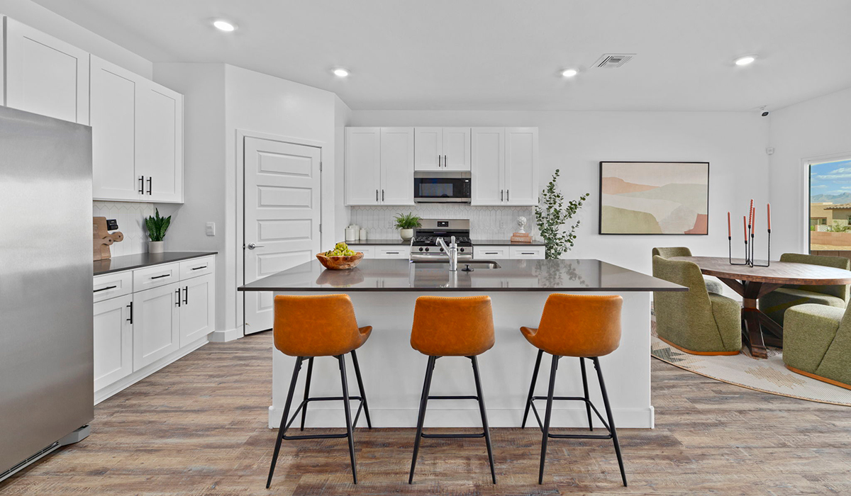 Introducing the York — a thoughtfully designed new floor plan at Solterra by D.R. Horton in Green Valley. Offering 1,863 square feet of well-planned living space, the York is ideal for those seeking a home that balances comfort, flexibility, and modern design.  Step inside through the welcoming entryway and experience an open-concept layout that maximizes every square foot. The expansive great room serves as the heart of the home, flowing seamlessly into the dining area and kitchen, perfect for both everyday living and entertaining. The kitchen features a spacious center island, quartz countertops, Shaker-style cabinetry, and a dedicated pantry, delivering a clean, modern aesthetic with ample storage for all your culinary essentials.  The York is available in two- and three-bedroom configurations, offering flexibility to meet a variety of lifestyle needs. The primary suite is thoughtfully located at the rear of the home for added privacy and includes a linen closet, walk-in closet, and a well-appointed ensuite bathroom. Near the front of the home is a powder room, guest bedroom with walk-in closet and ensuite bathroom, and study that creates a functional layout for guests, work-from-home needs, or additional living space.  Designed with both comfort and practicality in mind, the York includes a utility room conveniently located near the kitchen and garage, providing easy access to the laundry area and additional storage. A covered back patio extends the living space outdoors—ideal for relaxing and enjoying Green Valley’s beautiful year-round weather.  Homes at Solterra feature elegant, modern interiors paired with distinctive exterior details, including sand finish texture stucco, landscaped front yards with auto drip irrigation, and fully fenced backyards. Covered back patios offer inviting spaces to unwind and take in Green Valley’s breathtaking sunsets. Inside, D.R. Horton’s Home is Connected® Smart Home package enhances everyday living with a smart thermostat, video doorbell, keyless entry, and a Wi-Fi–enabled garage door opener.  Outdoor enthusiasts will appreciate the close proximity to scenic neighborhood parks, Colossal Cave Mountain Park, and an extensive network of walking and biking trails throughout Green Valley—making the York a perfect blend of comfort, style, and lifestyle-driven design.  *Images shown are for reference only. They depict the York model home and may not represent the actual home.