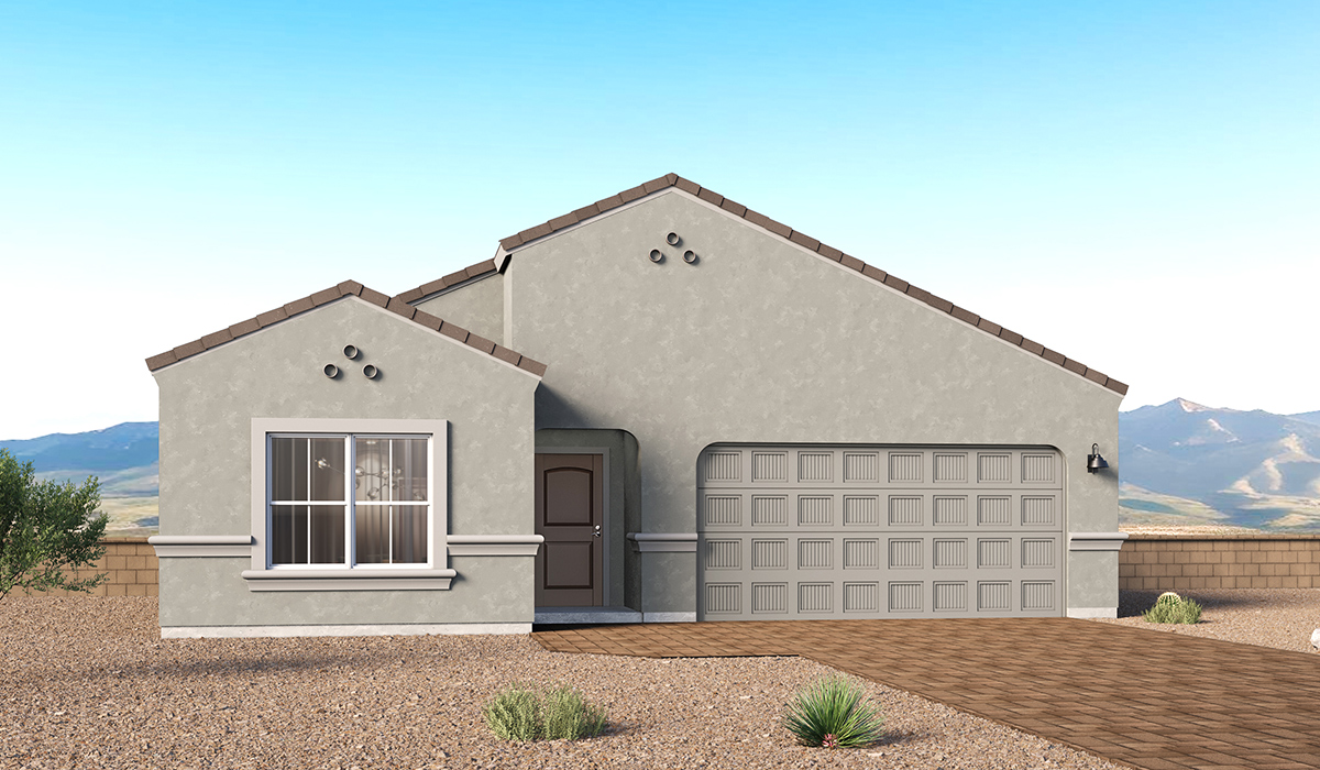 Introducing the York — a thoughtfully designed new floor plan at Solterra by D.R. Horton in Green Valley. Offering 1,863 square feet of well-planned living space, the York is ideal for those seeking a home that balances comfort, flexibility, and modern design.  Step inside through the welcoming entryway and experience an open-concept layout that maximizes every square foot. The expansive great room serves as the heart of the home, flowing seamlessly into the dining area and kitchen—perfect for both everyday living and entertaining. The kitchen features a spacious center island, quartz countertops, Shaker-style cabinetry, and a dedicated pantry, delivering a clean, modern aesthetic with ample storage for all your culinary essentials.  The York is available in two- and three-bedroom configurations, offering versatility to suit a variety of lifestyles. The primary suite is thoughtfully positioned at the rear of the home for added privacy and includes a walk-in closet and a well-appointed en-suite bathroom. Near the front of the home, a guest bedroom and study share convenient access to a full bathroom, creating a functional and flexible layout for guests, work-from-home needs, or additional living space.  Designed with both comfort and practicality in mind, the York includes a utility room conveniently located near the kitchen and garage, providing easy access to the laundry area and additional storage. A covered back patio extends the living space outdoors—ideal for relaxing and enjoying Green Valley’s beautiful year-round weather.  Homes at Solterra feature elegant, modern interiors paired with distinctive exterior details, including Spanish lace stucco, landscaped front yards with auto drip irrigation, and fully fenced backyards. Covered front porches and back patios offer inviting spaces to unwind and take in Green Valley’s breathtaking sunsets. Inside, D.R. Horton’s Home is Connected® Smart Home package enhances everyday living with a smart thermostat, video doorbell, keyless entry, and a Wi-Fi–enabled garage door opener.  Outdoor enthusiasts will appreciate the close proximity to scenic neighborhood parks, Colossal Cave Mountain Park, and an extensive network of walking and biking trails throughout Green Valley—making the York a perfect blend of comfort, style, and lifestyle-driven design.