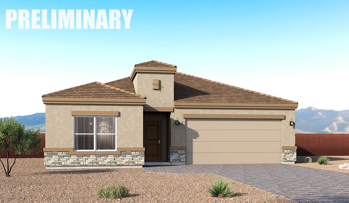 Introducing the York — a thoughtfully designed new floor plan at Solterra by D.R. Horton in Green Valley. Offering 1,863 square feet of well-planned living space, the York is ideal for those seeking a home that balances comfort, flexibility, and modern design.  Step inside through the welcoming entryway and experience an open-concept layout that maximizes every square foot. The expansive great room serves as the heart of the home, flowing seamlessly into the dining area and kitchen—perfect for both everyday living and entertaining. The kitchen features a spacious center island, quartz countertops, Shaker-style cabinetry, and a dedicated pantry, delivering a clean, modern aesthetic with ample storage for all your culinary essentials.  The York is available in two- and three-bedroom configurations, offering versatility to suit a variety of lifestyles. The primary suite is thoughtfully positioned at the rear of the home for added privacy and includes a walk-in closet and a well-appointed en-suite bathroom. Near the front of the home, a guest bedroom and study share convenient access to a full bathroom, creating a functional and flexible layout for guests, work-from-home needs, or additional living space.  Designed with both comfort and practicality in mind, the York includes a utility room conveniently located near the kitchen and garage, providing easy access to the laundry area and additional storage. A covered back patio extends the living space outdoors—ideal for relaxing and enjoying Green Valley’s beautiful year-round weather.  Homes at Solterra feature elegant, modern interiors paired with distinctive exterior details, including Spanish lace stucco, landscaped front yards with auto drip irrigation, and fully fenced backyards. Covered front porches and back patios offer inviting spaces to unwind and take in Green Valley’s breathtaking sunsets. Inside, D.R. Horton’s Home is Connected® Smart Home package enhances everyday living with a smart thermostat, video doorbell, keyless entry, and a Wi-Fi–enabled garage door opener.  Outdoor enthusiasts will appreciate the close proximity to scenic neighborhood parks, Colossal Cave Mountain Park, and an extensive network of walking and biking trails throughout Green Valley—making the York a perfect blend of comfort, style, and lifestyle-driven design.