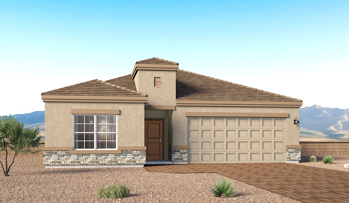 Introducing the York — a thoughtfully designed new floor plan at Solterra by D.R. Horton in Green Valley. Offering 1,863 square feet of well-planned living space, the York is ideal for those seeking a home that balances comfort, flexibility, and modern design.  Step inside through the welcoming entryway and experience an open-concept layout that maximizes every square foot. The expansive great room serves as the heart of the home, flowing seamlessly into the dining area and kitchen—perfect for both everyday living and entertaining. The kitchen features a spacious center island, quartz countertops, Shaker-style cabinetry, and a dedicated pantry, delivering a clean, modern aesthetic with ample storage for all your culinary essentials.  The York is available in two- and three-bedroom configurations, offering versatility to suit a variety of lifestyles. The primary suite is thoughtfully positioned at the rear of the home for added privacy and includes a walk-in closet and a well-appointed en-suite bathroom. Near the front of the home, a guest bedroom and study share convenient access to a full bathroom, creating a functional and flexible layout for guests, work-from-home needs, or additional living space.  Designed with both comfort and practicality in mind, the York includes a utility room conveniently located near the kitchen and garage, providing easy access to the laundry area and additional storage. A covered back patio extends the living space outdoors—ideal for relaxing and enjoying Green Valley’s beautiful year-round weather.  Homes at Solterra feature elegant, modern interiors paired with distinctive exterior details, including Spanish lace stucco, landscaped front yards with auto drip irrigation, and fully fenced backyards. Covered front porches and back patios offer inviting spaces to unwind and take in Green Valley’s breathtaking sunsets. Inside, D.R. Horton’s Home is Connected® Smart Home package enhances everyday living with a smart thermostat, video doorbell, keyless entry, and a Wi-Fi–enabled garage door opener.  Outdoor enthusiasts will appreciate the close proximity to scenic neighborhood parks, Colossal Cave Mountain Park, and an extensive network of walking and biking trails throughout Green Valley—making the York a perfect blend of comfort, style, and lifestyle-driven design.