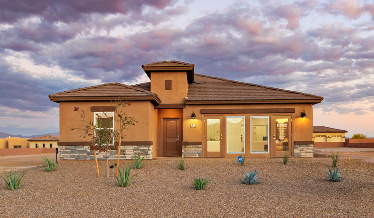 Introducing the York — a thoughtfully designed new floor plan at Solterra by D.R. Horton in Green Valley. Offering 1,863 square feet of well-planned living space, the York is ideal for those seeking a home that balances comfort, flexibility, and modern design.  Step inside through the welcoming entryway and experience an open-concept layout that maximizes every square foot. The expansive great room serves as the heart of the home, flowing seamlessly into the dining area and kitchen, perfect for both everyday living and entertaining. The kitchen features a spacious center island, quartz countertops, Shaker-style cabinetry, and a dedicated pantry, delivering a clean, modern aesthetic with ample storage for all your culinary essentials.  The York is available in two- and three-bedroom configurations, offering flexibility to meet a variety of lifestyle needs. The primary suite is thoughtfully located at the rear of the home for added privacy and includes a linen closet, walk-in closet, and a well-appointed ensuite bathroom. Near the front of the home is a powder room, guest bedroom with walk-in closet and ensuite bathroom, and study that creates a functional layout for guests, work-from-home needs, or additional living space.  Designed with both comfort and practicality in mind, the York includes a utility room conveniently located near the kitchen and garage, providing easy access to the laundry area and additional storage. A covered back patio extends the living space outdoors—ideal for relaxing and enjoying Green Valley’s beautiful year-round weather.  Homes at Solterra feature elegant, modern interiors paired with distinctive exterior details, including sand finish texture stucco, landscaped front yards with auto drip irrigation, and fully fenced backyards. Covered back patios offer inviting spaces to unwind and take in Green Valley’s breathtaking sunsets. Inside, D.R. Horton’s Home is Connected® Smart Home package enhances everyday living with a smart thermostat, video doorbell, keyless entry, and a Wi-Fi–enabled garage door opener.  Outdoor enthusiasts will appreciate the close proximity to scenic neighborhood parks, Colossal Cave Mountain Park, and an extensive network of walking and biking trails throughout Green Valley—making the York a perfect blend of comfort, style, and lifestyle-driven design.  *Images shown are for reference only. They depict the York model home and may not represent the actual home.