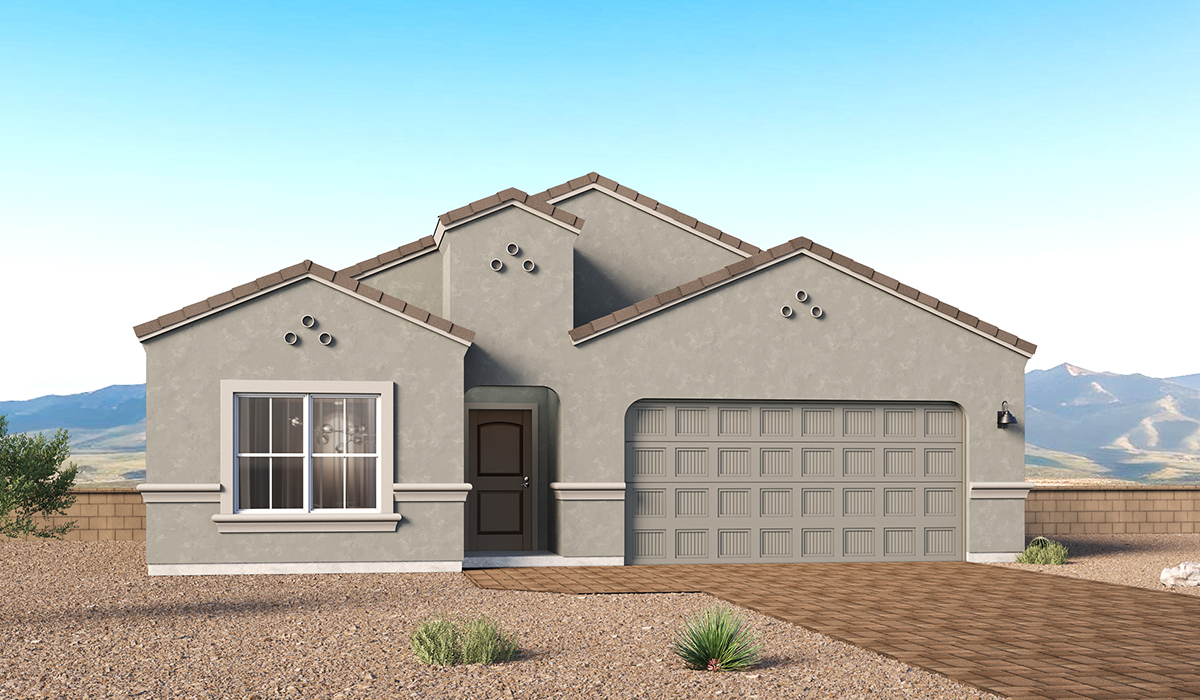 Introducing the Charleston — a beautifully designed new floor plan at Solterra by D.R. Horton in Green Valley. Offering 2,119 square feet of thoughtfully planned living space, the Charleston blends modern convenience with timeless elegance, creating a home that feels both refined and welcoming.  Step through the inviting entryway and into an open-concept layout designed to maximize every square foot. The expansive great room serves as the heart of the home, flowing seamlessly into the dining area and kitchen—ideal for both everyday living and entertaining. The kitchen features a spacious center island, quartz countertops, Shaker-style cabinetry, and a dedicated pantry, delivering a clean, modern aesthetic with ample storage for all your culinary needs.  The Charleston is available in two- and three-bedroom configurations, offering flexibility to suit a variety of lifestyles. The primary suite is thoughtfully positioned at the rear of the home for added privacy and includes two walk-in closets and a well-appointed en-suite bathroom. Near the front of the home, a guest bedroom and study provide comfortable accommodations for visitors or a quiet space to work from home. The guest bedroom features its own en-suite bathroom and walk-in closet, ensuring comfort and convenience.  Designed with practicality in mind, the Charleston includes a utility room conveniently located near the kitchen and garage, providing easy access to laundry and additional storage. A covered back patio extends the living space outdoors—perfect for enjoying Green Valley’s beautiful year-round weather.  Homes at Solterra showcase elegant, modern interiors paired with distinctive exterior finishes, including Spanish lace stucco, landscaped front yards with auto drip irrigation, and fully fenced backyards. Covered front porches and back patios create inviting spaces to relax and take in Green Valley’s breathtaking sunsets. Inside, D.R. Horton’s Home is Connected® Smart Home package enhances everyday living with a smart thermostat, video doorbell, keyless entry, and a Wi-Fi–enabled garage door opener.  Outdoor enthusiasts will appreciate the close proximity to scenic neighborhood parks, Colossal Cave Mountain Park, and an abundance of walking and biking trails that weave throughout Green Valley—making the Charleston a perfect blend of comfort, style, and outdoor living.