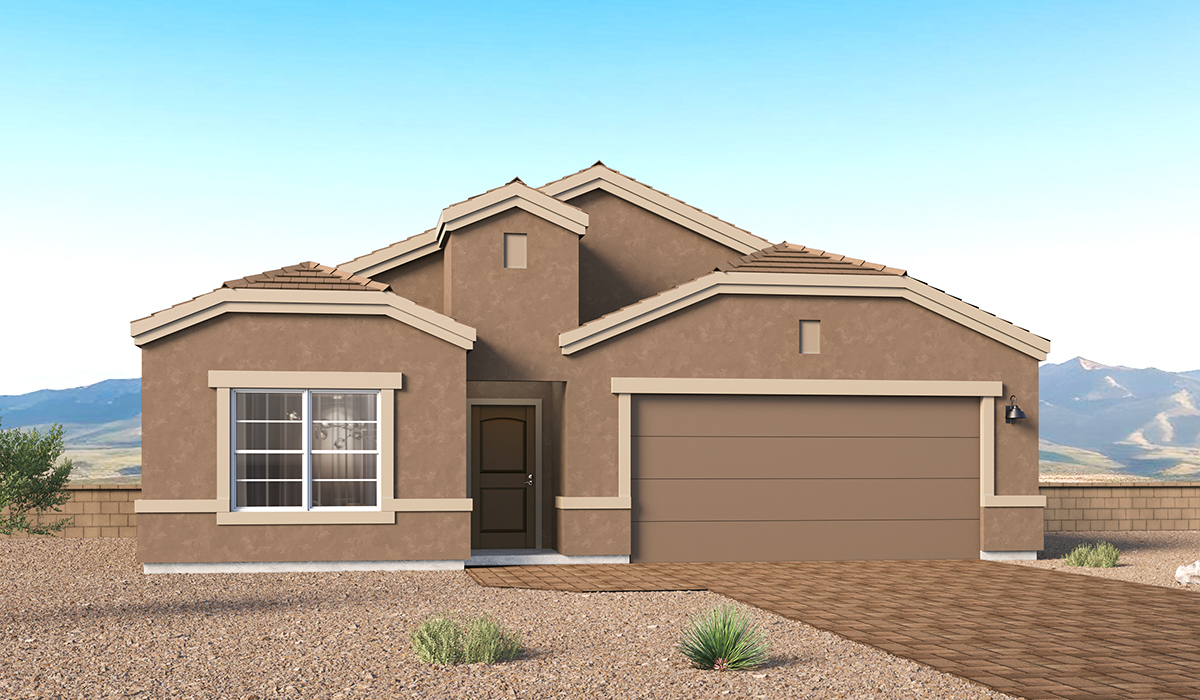 Introducing the Charleston — a beautifully designed new floor plan at Solterra by D.R. Horton in Green Valley. Offering 2,119 square feet of thoughtfully planned living space, the Charleston blends modern convenience with timeless elegance, creating a home that feels both refined and welcoming.  Step through the inviting entryway and into an open-concept layout designed to maximize every square foot. The expansive great room serves as the heart of the home, flowing seamlessly into the dining area and kitchen—ideal for both everyday living and entertaining. The kitchen features a spacious center island, quartz countertops, Shaker-style cabinetry, and a dedicated pantry, delivering a clean, modern aesthetic with ample storage for all your culinary needs.  The Charleston is available in two- and three-bedroom configurations, offering flexibility to suit a variety of lifestyles. The primary suite is thoughtfully positioned at the rear of the home for added privacy and includes two walk-in closets and a well-appointed en-suite bathroom. Near the front of the home, a guest bedroom and study provide comfortable accommodations for visitors or a quiet space to work from home. The guest bedroom features its own en-suite bathroom and walk-in closet, ensuring comfort and convenience.  Designed with practicality in mind, the Charleston includes a utility room conveniently located near the kitchen and garage, providing easy access to laundry and additional storage. A covered back patio extends the living space outdoors—perfect for enjoying Green Valley’s beautiful year-round weather.  Homes at Solterra showcase elegant, modern interiors paired with distinctive exterior finishes, including Spanish lace stucco, landscaped front yards with auto drip irrigation, and fully fenced backyards. Covered front porches and back patios create inviting spaces to relax and take in Green Valley’s breathtaking sunsets. Inside, D.R. Horton’s Home is Connected® Smart Home package enhances everyday living with a smart thermostat, video doorbell, keyless entry, and a Wi-Fi–enabled garage door opener.  Outdoor enthusiasts will appreciate the close proximity to scenic neighborhood parks, Colossal Cave Mountain Park, and an abundance of walking and biking trails that weave throughout Green Valley—making the Charleston a perfect blend of comfort, style, and outdoor living.