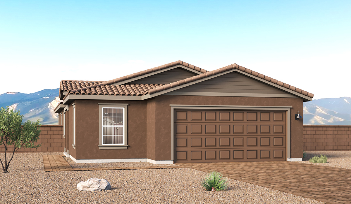 Welcome to The Aloe, a thoughtfully designed new floor plan at Entrada Del Toro, within the master-planned community of Rancho Sahuarita. Offering 1,310 square feet of efficient and comfortable living space, The Aloe is ideal for those seeking a home that blends functionality, modern style, and everyday ease.  Upon entry, you’re welcomed into an open-concept layout that maximizes every square foot. The large great room serves as the heart of the home and flows seamlessly into the dining area and kitchen—perfect for both relaxing and entertaining. The kitchen is beautifully appointed with a central island, quartz countertops, Shaker-style cabinetry, and a dedicated pantry, creating a clean, modern aesthetic with ample storage and workspace.  The Aloe features three well-proportioned bedrooms designed for comfort and flexibility. The private primary suite is tucked away at the rear of the home and includes a walk-in closet and en-suite bathroom. Two additional bedrooms are located near the front of the home.  Designed with convenience in mind, the home includes a utility room near the kitchen, offering easy access to laundry and additional storage. A covered back patio extends the living space outdoors, providing the perfect setting to enjoy Sahuarita’s beautiful weather and scenic surroundings.  Residents of Entrada Del Toro enjoy access to Rancho Sahuarita’s extensive resort-style amenities, including a full-service fitness center, multiple swimming pools, pickleball courts, splash pads, playgrounds, and expansive parks designed for all ages and lifestyles. Homeowners will also have exclusive access to the brand-new Entrada Del Toro Community Center, scheduled to open in Spring 2026, featuring modern gathering spaces and recreational amenities just steps from home.