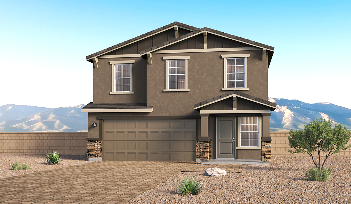 Introducing the Kleindale at Entrada Del Toro, a stunning two-story home within the master-planned community in Rancho Sahuarita.  This spacious and beautifully designed two-story home offers 2,406 sq. ft., five bedrooms, three full bathrooms, and versatile 2-3 tandem car garage. This impressive layout is ideal for large households, multigenerational living, or anyone who simply wants room to grow, gather, and live comfortably.  A welcoming front porch leads you into the entryway, which flows into the expansive open-concept great room, dining area, and kitchen. The kitchen features a large center island, Shaker-style cabinetry, and plenty of storage space. With thoughtful design and abundant natural light, the main floor truly feels like the heart of the home.  One of the standout features of the Kleindale is the fifth bedroom located on the main floor, offering excellent flexibility. With convenient access to a full bathroom, it’s perfect as a guest-style suite, a comfortable space for extended family, or private home office.  A spacious and private second floor continues the living space with a generous loft leading to the primary bedroom, complete with an en-suite bathroom and large walk-in closet. Three additional bedrooms are also located on the second floor each offering plenty of space for family, guests, or work-from-home needs. The upstairs also includes a full bathroom and laundry room.  Our homes at Entrada Del Toro are designed with the future in mind. Each home features a light lace stucco exterior, landscaped front yards with auto drip irrigation, and large backyards that are fully fenced and ready for your personal touch. Inside, the Home is Connected® Smart Home package brings modern convenience to your fingertips with a smart thermostat, video doorbell, keyless entry, and a Wi-Fi® enabled garage door opener.  With its expansive living spaces, flexible bedroom arrangements, and thoughtful deign throughout, the Kleindale offers the ultimate combination of comfort, convenience, and room to thrive.  Residents of Entrada Del Toro will enjoy access to Rancho Sahuarita’s extensive amenity offerings, which include a full-service fitness center, multiple large swimming pools, pickle-ball courts, splash pads, playgrounds, and sizable parks and recreational spaces designed for all ages and lifestyles. In addition, homeowners will have exclusive access to the brand-new Entrada Del Toro Community Center, scheduled to open Spring 2026, further enhancing the neighborhood experience with modern gathering and recreational spaces close to home.