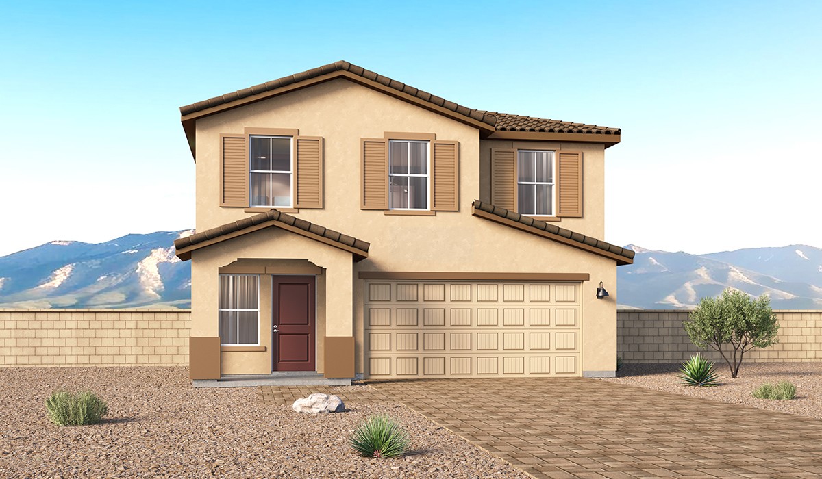 Introducing the Kleindale at Entrada Del Toro, a stunning two-story home within the master-planned community in Rancho Sahuarita.  This spacious and beautifully designed two-story home offers 2,406 sq. ft., five bedrooms, three full bathrooms, and versatile 2-3 tandem car garage. This impressive layout is ideal for large households, multigenerational living, or anyone who simply wants room to grow, gather, and live comfortably.  A welcoming front porch leads you into the entryway, which flows into the expansive open-concept great room, dining area, and kitchen. The kitchen features a large center island, Shaker-style cabinetry, and plenty of storage space. With thoughtful design and abundant natural light, the main floor truly feels like the heart of the home.  One of the standout features of the Kleindale is the fifth bedroom located on the main floor, offering excellent flexibility. With convenient access to a full bathroom, it’s perfect as a guest-style suite, a comfortable space for extended family, or private home office.  A spacious and private second floor continues the living space with a generous loft leading to the primary bedroom, complete with an en-suite bathroom and large walk-in closet. Three additional bedrooms are also located on the second floor each offering plenty of space for family, guests, or work-from-home needs. The upstairs also includes a full bathroom and laundry room.  Our homes at Entrada Del Toro are designed with the future in mind. Each home features a light lace stucco exterior, landscaped front yards with auto drip irrigation, and large backyards that are fully fenced and ready for your personal touch. Inside, the Home is Connected® Smart Home package brings modern convenience to your fingertips with a smart thermostat, video doorbell, keyless entry, and a Wi-Fi® enabled garage door opener.  With its expansive living spaces, flexible bedroom arrangements, and thoughtful deign throughout, the Kleindale offers the ultimate combination of comfort, convenience, and room to thrive.  Residents of Entrada Del Toro will enjoy access to Rancho Sahuarita’s extensive amenity offerings, which include a full-service fitness center, multiple large swimming pools, pickle-ball courts, splash pads, playgrounds, and sizable parks and recreational spaces designed for all ages and lifestyles. In addition, homeowners will have exclusive access to the brand-new Entrada Del Toro Community Center, scheduled to open Spring 2026, further enhancing the neighborhood experience with modern gathering and recreational spaces close to home.