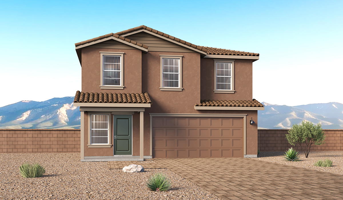 Introducing the Kleindale at Entrada Del Toro, a stunning two-story home within the master-planned community in Rancho Sahuarita.  This spacious and beautifully designed two-story home offers 2,406 sq. ft., five bedrooms, three full bathrooms, and versatile 2-3 tandem car garage. This impressive layout is ideal for large households, multigenerational living, or anyone who simply wants room to grow, gather, and live comfortably.  A welcoming front porch leads you into the entryway, which flows into the expansive open-concept great room, dining area, and kitchen. The kitchen features a large center island, Shaker-style cabinetry, and plenty of storage space. With thoughtful design and abundant natural light, the main floor truly feels like the heart of the home.  One of the standout features of the Kleindale is the fifth bedroom located on the main floor, offering excellent flexibility. With convenient access to a full bathroom, it’s perfect as a guest-style suite, a comfortable space for extended family, or private home office.  A spacious and private second floor continues the living space with a generous loft leading to the primary bedroom, complete with an en-suite bathroom and large walk-in closet. Three additional bedrooms are also located on the second floor each offering plenty of space for family, guests, or work-from-home needs. The upstairs also includes a full bathroom and laundry room.  Our homes at Entrada Del Toro are designed with the future in mind. Each home features a light lace stucco exterior, landscaped front yards with auto drip irrigation, and large backyards that are fully fenced and ready for your personal touch. Inside, the Home is Connected® Smart Home package brings modern convenience to your fingertips with a smart thermostat, video doorbell, keyless entry, and a Wi-Fi® enabled garage door opener.  With its expansive living spaces, flexible bedroom arrangements, and thoughtful deign throughout, the Kleindale offers the ultimate combination of comfort, convenience, and room to thrive.  Residents of Entrada Del Toro will enjoy access to Rancho Sahuarita’s extensive amenity offerings, which include a full-service fitness center, multiple large swimming pools, pickle-ball courts, splash pads, playgrounds, and sizable parks and recreational spaces designed for all ages and lifestyles. In addition, homeowners will have exclusive access to the brand-new Entrada Del Toro Community Center, scheduled to open Spring 2026, further enhancing the neighborhood experience with modern gathering and recreational spaces close to home.