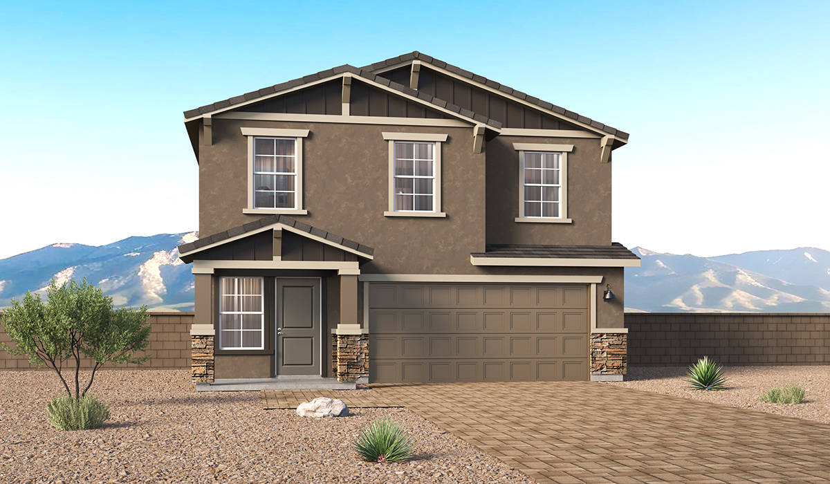 Introducing the Kleindale at Entrada Del Toro, a stunning two-story home within the master-planned community in Rancho Sahuarita.  This spacious and beautifully designed two-story home offers 2,406 sq. ft., five bedrooms, three full bathrooms, and versatile 2-3 tandem car garage. This impressive layout is ideal for large households, multigenerational living, or anyone who simply wants room to grow, gather, and live comfortably.  A welcoming front porch leads you into the entryway, which flows into the expansive open-concept great room, dining area, and kitchen. The kitchen features a large center island, Shaker-style cabinetry, and plenty of storage space. With thoughtful design and abundant natural light, the main floor truly feels like the heart of the home.  One of the standout features of the Kleindale is the fifth bedroom located on the main floor, offering excellent flexibility. With convenient access to a full bathroom, it’s perfect as a guest-style suite, a comfortable space for extended family, or private home office.  A spacious and private second floor continues the living space with a generous loft leading to the primary bedroom, complete with an en-suite bathroom and large walk-in closet. Three additional bedrooms are also located on the second floor each offering plenty of space for family, guests, or work-from-home needs. The upstairs also includes a full bathroom and laundry room.  Our homes at Entrada Del Toro are designed with the future in mind. Each home features a light lace stucco exterior, landscaped front yards with auto drip irrigation, and large backyards that are fully fenced and ready for your personal touch. Inside, the Home is Connected® Smart Home package brings modern convenience to your fingertips with a smart thermostat, video doorbell, keyless entry, and a Wi-Fi® enabled garage door opener.  With its expansive living spaces, flexible bedroom arrangements, and thoughtful deign throughout, the Kleindale offers the ultimate combination of comfort, convenience, and room to thrive.  Residents of Entrada Del Toro will enjoy access to Rancho Sahuarita’s extensive amenity offerings, which include a full-service fitness center, multiple large swimming pools, pickle-ball courts, splash pads, playgrounds, and sizable parks and recreational spaces designed for all ages and lifestyles. In addition, homeowners will have exclusive access to the brand-new Entrada Del Toro Community Center, scheduled to open Spring 2026, further enhancing the neighborhood experience with modern gathering and recreational spaces close to home.