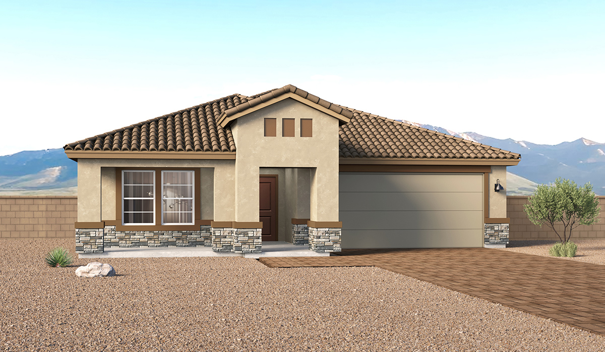 The Dalea is a standout single-story brand-new floor plan at Entrada Del Toro, a master-planned community of Rancho Sahuarita.  Offering 2,221 square feet of living space, this home is designed to accommodate modern living with comfort and style. The Dalea provides a spacious layout with plenty of options such as four to five bedrooms and three full bathrooms, making it an ideal choice for families of all sizes.  As you step into the charming front porch, you are greeted by a spacious and open floor plan that seamlessly connects the main living areas. The great room serves as the central hub of the home, flowing into a dining area and modern kitchen area. The kitchen features a large central island, quartz countertops, Shaker-style cabinetry, walk-in pantry, and ample storage for all your culinary needs.  The primary suite, located at the rear of the home, provides a private retreat with a spacious bedroom, a large walk-in closet, and an en-suite bathroom and a walk-in shower. The Dalea floor plan also includes a utility room and two-car garage with the option of three-car tandem garage.  Step outside to the covered patio, perfect for enjoying the Arizona climate. Whether you’re hosting a summer barbecue or simply unwinding in the evening, this outdoor space is a valuable addition to the home.  Our homes at Entrada Del Toro are designed with the future in mind. Each home features a light lace stucco exterior, landscaped front yards with auto drip irrigation, and large backyards that are fully fenced and ready for your personal touch. Inside, the Home is Connected® Smart Home package brings modern convenience to your fingertips with a smart thermostat, video doorbell, keyless entry, and a Wi-Fi® enabled garage door opener.  Residents of Entrada Del Toro will enjoy access to Rancho Sahuarita’s extensive amenity offerings, which include a full-service fitness center, multiple large swimming pools, pickle-ball courts, splash pads, playgrounds, and sizable parks and recreational spaces designed for all ages and lifestyles. In addition, homeowners will have exclusive access to the brand-new Entrada Del Toro Community Center, scheduled to open Spring 2026, further enhancing the neighborhood experience with modern gathering and recreational spaces close to home.