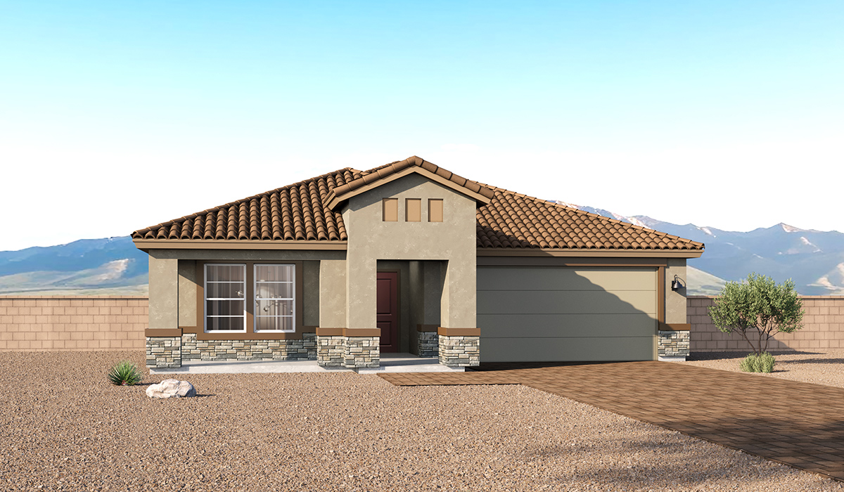 The Dalea is a standout single-story brand new floor plan at Entrada Del Toro, a master-planned community of Rancho Sahuarita.  Offering 2,222 square feet of living space, this home is designed to accommodate modern living with comfort and style. The Dalea provides a spacious layout with plenty of options such as four to five bedrooms and three full bathrooms, making it an ideal choice for families of all sizes.  As you step into the charming front porch, you are greeted by a spacious and open floor plan that seamlessly connects the main living areas. The great room serves as the central hub of the home, flowing into a dining area and modern kitchen area. The kitchen features a large central island, quartz countertops, Shaker-style cabinetry, walk-in pantry, and ample storage for all your culinary needs.  The primary suite, located at the rear of the home, provides a private retreat with a spacious bedroom, a large walk-in closet, and an en-suite bathroom and a walk-in shower. The Dalea floor plan also includes a utility room and two-car garage with the option of three-car tandem garage.  Step outside to the covered patio, perfect for enjoying the Arizona climate. Whether you’re hosting a summer barbecue or simply unwinding in the evening, this outdoor space is a valuable addition to the home.  Our homes at Entrada Del Toro are designed with the future in mind. Each home features a Spanish lace stucco exterior, landscaped front yards with auto drip irrigation, and large backyards that are fully fenced and ready for your personal touch. Inside, the Home is Connected® Smart Home package brings modern convenience to your fingertips with a smart thermostat, video doorbell, keyless entry, and a Wi-Fi® enabled garage door opener.  Residents of Entrada Del Toro will enjoy access to Rancho Sahuarita’s extensive amenity offerings, which include a full-service fitness center, multiple large swimming pools, pickle-ball courts, splash pads, playgrounds, and sizable parks and recreational spaces designed for all ages and lifestyles. In addition, homeowners will have exclusive access to the brand-new Entrada Del Toro Community Center, scheduled to open Spring 2026, further enhancing the neighborhood experience with modern gathering and recreational spaces close to home.