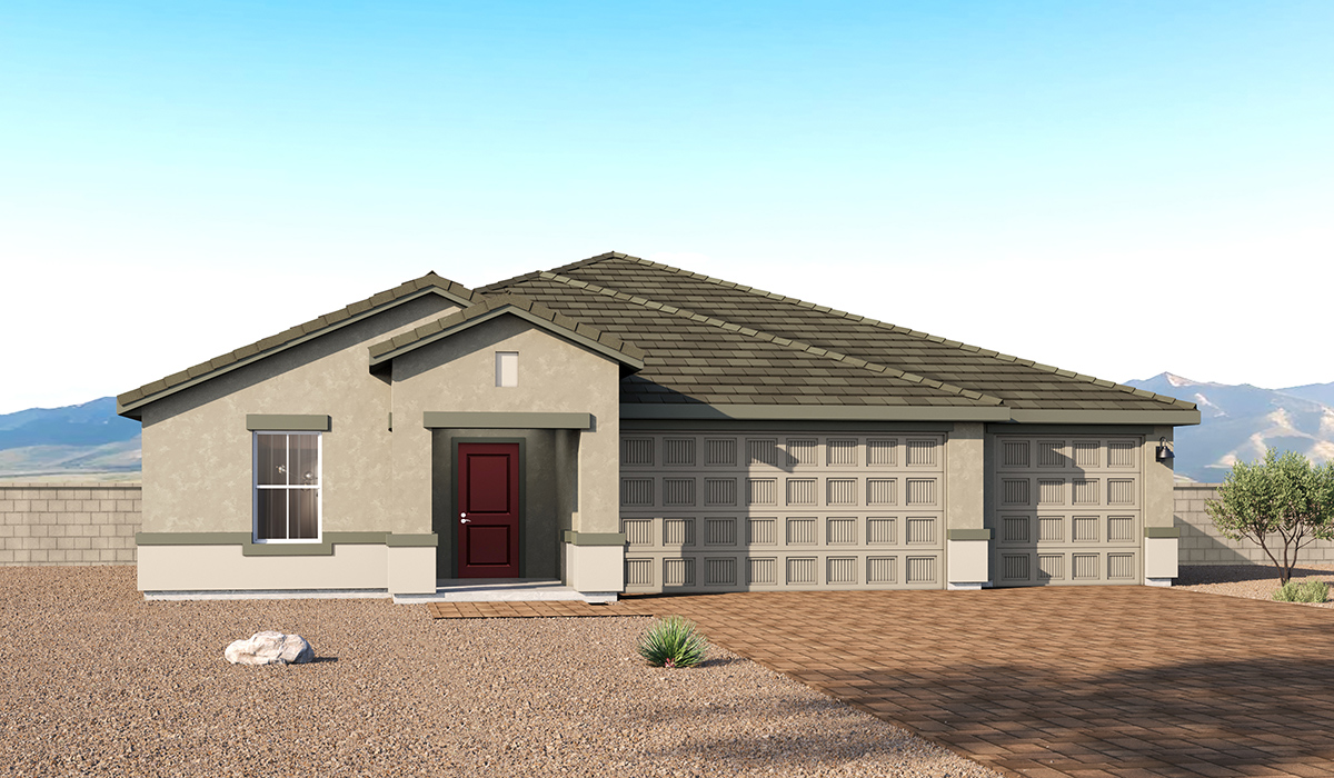 Introducing The Eureka, a thoughtfully crafted single-story floor plan at Entrada Del Toro, located within the master-planned community of Rancho Sahuarita. Offering 2,164 square feet of intelligently designed living space, The Eureka is ideal for households seeking generous room to grow, flexible living options, and modern comfort. This spacious home features four bedrooms, three full bathrooms, a large kitchen island, a covered back patio, and a three-car garage.  A welcoming entryway leads into a bright, open-concept layout that seamlessly connects the great room, dining area, and kitchen—creating an inviting space perfect for both everyday living and entertaining. The kitchen serves as the heart of the home and is beautifully appointed with quartz countertops, Shaker-style cabinetry, a spacious central island ideal for casual dining or meal prep, a pantry, and ample storage throughout.  Designed with privacy and versatility in mind, The Eureka offers a desirable split-bedroom layout. Three secondary bedrooms are located near the front of the home, including one with a private en-suite bathroom—ideal for guests, extended family, or multigenerational living. Tucked away at the rear of the home, the expansive primary suite provides a peaceful retreat, complete with a generous walk-in closet and a well-appointed en-suite bathroom.  Homes at Entrada Del Toro are designed for both style and future-forward living. Exterior features include a light lace stucco finish, professionally landscaped front yards with automatic drip irrigation, and large, fully fenced backyards ready for your personal touch. Inside, the Home Is Connected® Smart Home package enhances daily convenience with a smart thermostat, video doorbell, keyless entry, and a Wi-Fi® enabled garage door opener.  With its spacious footprint, thoughtful layout, and modern design elements, The Eureka delivers the perfect balance of comfort, functionality, and flexibility for today’s lifestyle.  Residents of Entrada Del Toro enjoy access to Rancho Sahuarita’s extensive resort-style amenities, including a full-service fitness center, multiple swimming pools, pickleball courts, splash pads, playgrounds, and expansive parks designed for all ages and lifestyles. Homeowners will also enjoy exclusive access to the brand-new Entrada Del Toro Community Center, scheduled to open in Spring 2026, featuring modern gathering spaces and recreational amenities just moments from home.