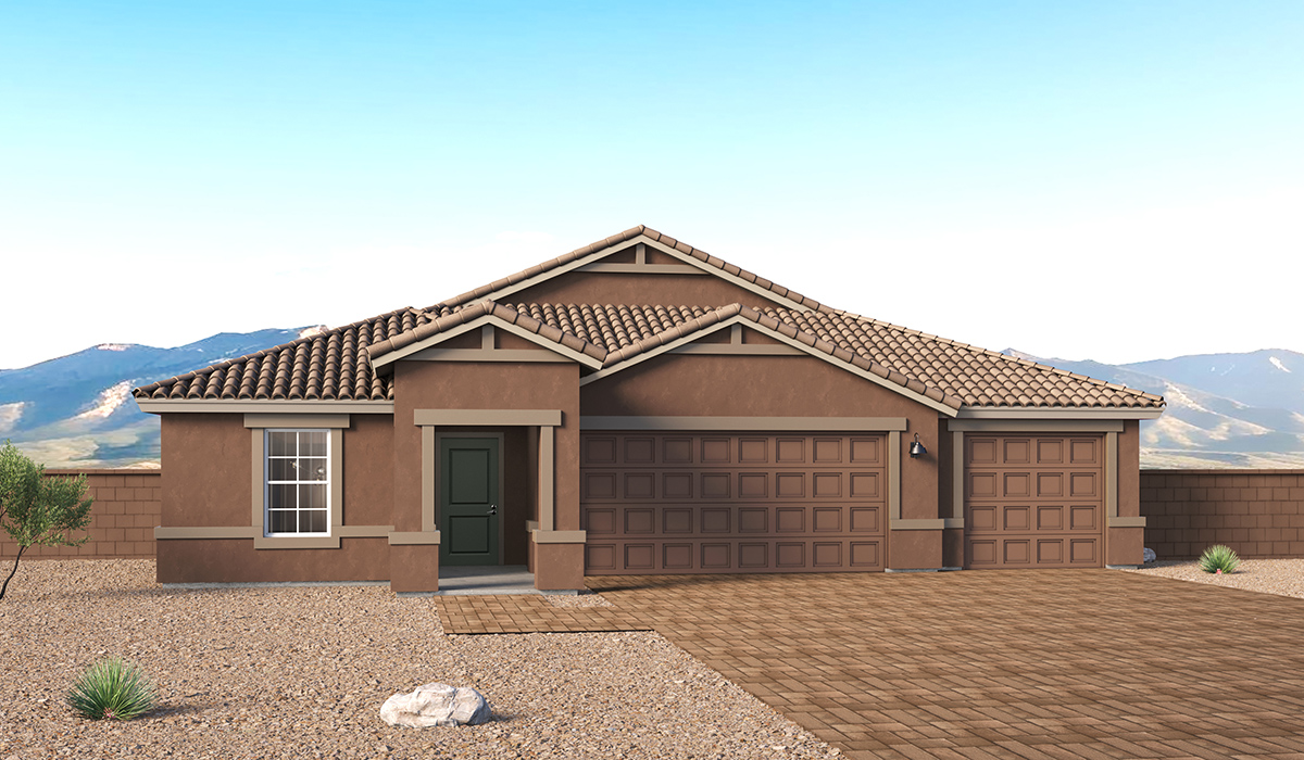 Introducing The Garland, a thoughtfully crafted single-story home at Entrada Del Toro, nestled within the highly sought-after community of Rancho Sahuarita. Offering 2,273 square feet of generous living space, The Garland is designed for households seeking room to grow, flexible living options, and refined modern comfort. This expansive floor plan features four bedrooms, three full bathrooms, a spacious kitchen, a covered back patio, and a three-car garage—perfectly balancing style and functionality.  A welcoming entryway opens into a bright, open-concept design where the great room, dining area, and kitchen flow seamlessly together, creating an ideal setting for both everyday living and entertaining. The kitchen truly anchors the home, showcasing quartz countertops, Shaker-style cabinetry, a large center island ideal for casual dining or meal prep, a pantry, and abundant storage throughout.  Thoughtfully designed with privacy in mind, The Garland offers a desirable split-bedroom layout. Three secondary bedrooms are positioned near the front of the home, including one with its own private en-suite bathroom—perfect for guests, extended family, or multigenerational living. Tucked away at the rear of the home, the expansive primary suite serves as a tranquil retreat, featuring two generous walk-in closets and a well-appointed en-suite bathroom.  Step outside to the covered back patio, an inviting extension of the living space that’s ideal for outdoor dining, relaxing evenings, or entertaining year-round. Homes at Entrada Del Toro are designed for both style and future-forward living, with exterior features including a light lace stucco finish, professionally landscaped front yards with automatic drip irrigation, and large, fully fenced backyards ready for your personal touch.  Inside, the Home Is Connected® Smart Home package enhances everyday convenience with a smart thermostat, video doorbell, keyless entry, and a Wi-Fi® enabled garage door opener.  With its spacious footprint, thoughtful layout, and modern design elements, The Garland delivers the perfect blend of comfort, functionality, and flexibility for today’s lifestyle.  Residents of Entrada Del Toro enjoy access to Rancho Sahuarita’s exceptional resort-style amenities, including a full-service fitness center, multiple swimming pools, pickleball courts, splash pads, playgrounds, and expansive parks for all ages. Homeowners will also enjoy exclusive access to the brand-new Entrada Del Toro Community Center, scheduled to open in Spring 2026, offering modern gathering spaces and recreational amenities just moments from home.