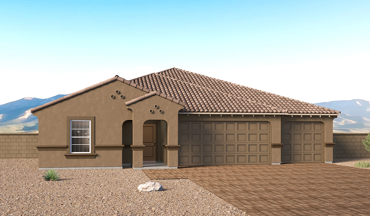 Introducing The Jerome, a spacious and thoughtfully designed single-story home at Entrada Del Toro in the beautiful community of Rancho Sahuarita. With an impressive 2,444 square feet of living space, The Jerome is crafted for households that need extra bedrooms, adaptable spaces, and a layout that supports both connection and privacy. This expansive floor plan features five bedrooms, three full bathrooms, a large open kitchen, a covered back patio, and a three-car garage, offering exceptional flexibility for today’s lifestyles.  From the moment you enter, The Jerome reveals a well-orchestrated layout that balances openness with purposeful separation. The central living area brings the great room, dining space, and kitchen together in a bright, inviting setting ideal for entertaining or gathering with family. The kitchen is a true centerpiece, appointed with quartz countertops, Shaker-style cabinetry, a center island, and walk-in pantry.  What truly distinguishes The Jerome is its five-bedroom configuration, thoughtfully arranged to accommodate a variety of living needs. Secondary bedrooms are strategically positioned throughout the front and center of the home, allowing for a variety of uses such as home office space, guest rooms, or multigenerational living. At the rear of the home, the private primary suite offers a peaceful retreat, complete with a spacious walk-in closet and a well-appointed en-suite bathroom designed for relaxation.  The covered back patio extends the living space outdoors, providing the perfect setting for morning coffee, evening gatherings, or weekend entertaining. Exterior features include a light lace stucco finish, professionally landscaped front yards with automatic drip irrigation, and large, fully fenced backyards ready to be personalized.  Inside, The Jerome includes the Home Is Connected® Smart Home package, offering modern convenience with a smart thermostat, video doorbell, keyless entry, and a Wi-Fi® enabled garage door opener—bringing comfort and connectivity together seamlessly.  With its generous square footage, five-bedroom versatility, and intentionally designed layout, The Jerome stands out as a home built to adapt, evolve, and grow alongside your lifestyle.  Residents of Entrada Del Toro enjoy access to Rancho Sahuarita’s resort-style amenities, including a full-service fitness center, multiple swimming pools, pickleball courts, splash pads, playgrounds, and expansive parks. Homeowners will also enjoy exclusive access to the new Entrada Del Toro Community Center, scheduled to open in Spring 2026, featuring modern gathering spaces and recreational amenities just minutes from home.