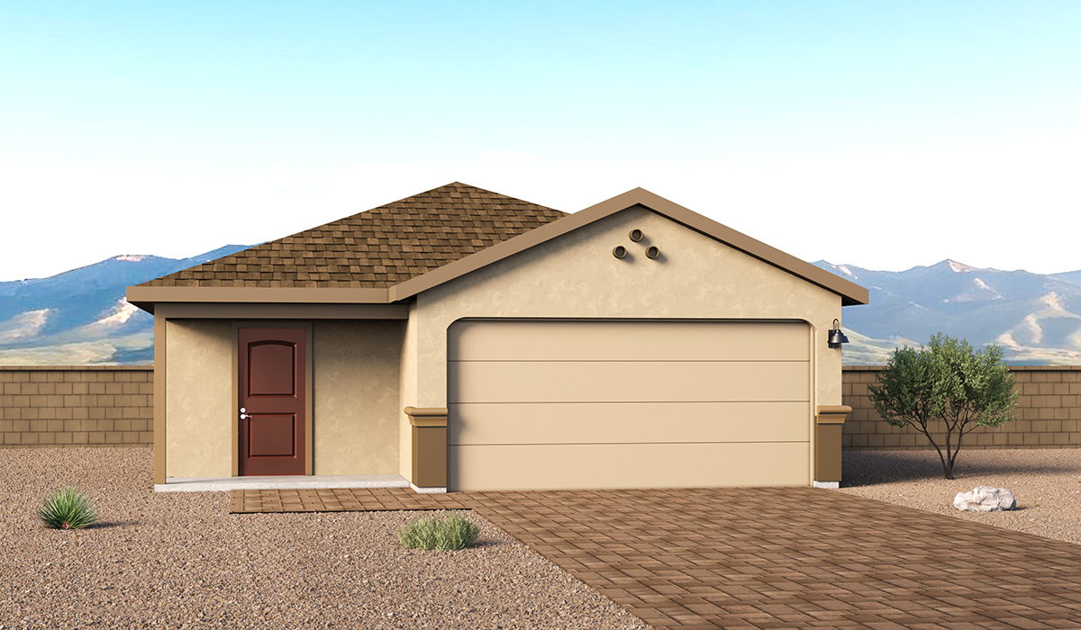 Welcome to The Cedar, a thoughtfully designed brand new floor plan available at Sorrel Ridge Estates by D.R. Horton located in Southwest Tucson, Arizona. Offering 1,434 square feet of comfortable and functional living space, The Cedar is ideal for those seeking a home that blends modern style, flexibility, and everyday convenience.  Upon entry, you’re welcomed into an open-concept layout designed to create a seamless flow throughout the home. The spacious great room serves as the heart of the home and connects effortlessly to the dining area and kitchen, making it perfect for entertaining guests or enjoying quality time with family. The kitchen features a modern design with ample counter space, generous cabinetry, and a large island that enhances both functionality and style.  The Cedar offers three well-appointed bedrooms and two full bathrooms, providing plenty of room for families, guests, or a home office. The private primary suite is thoughtfully positioned away from the secondary bedrooms, creating a peaceful retreat complete with a spacious walk-in closet and en-suite bathroom. Two additional bedrooms are conveniently located near the front of the home and share a full bathroom.  Designed with convenience in mind, the home includes a centrally located utility room, offering easy access to laundry while maximizing the home’s efficient layout.  Step outside to a spacious backyard, where you can unwind and enjoy scenic mountains views and catch beautiful sunsets while taking in the desert landscapes. Whether you’re sipping your morning coffee or hosting a weekend barbecue, this outdoor space is a space to relax and enjoy.  Additionally, The Cedar is equipped with D.R. Horton’s Home is Connected Smart Home package, which includes a smart thermostat, video doorbell, keyless entry, and Wi-Fi® enabled garage door opener.  Living in Sorrel Ridge Estates offers a family-friendly environment complete with walking trails, playground, and dog park.  With convenient access to major employers like the University of Arizona and Tucson International Airport, Sorrel Ridge Estates offers the perfect balance of connectivity, comfort, and lifestyle.